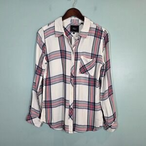 Rails Hunter Plaid Button Down Shirt Womens Medium White Navy Red Rayon Flannel